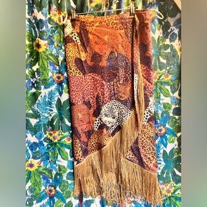 NWT Farm Rio Caramel Jaguar wrap skirt with Fringe